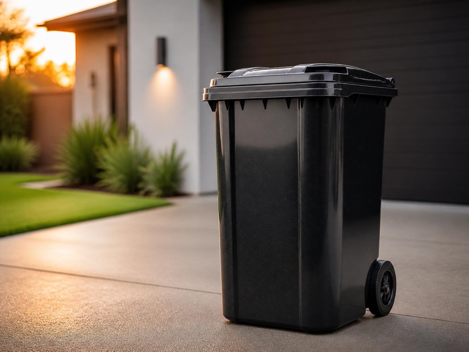 Freshly cleaned residential trash bin on a suburban driveway at sunset